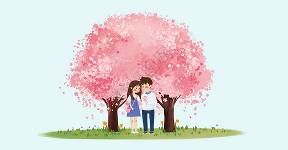 情人节浪漫花瓣樱花树下的情侣插画