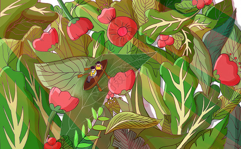 蜘蛛草夏季绿色树叶鲜花背景海报图插画