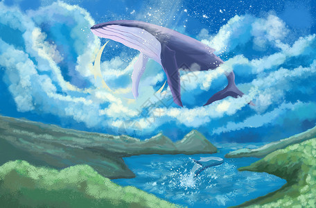 海豚飞跃鲸鱼翱翔天际插画