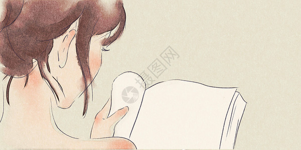 侧脸读书的女孩插画