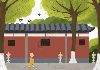 坐禅的小和尚夏日禅院佛系背景图插画