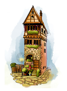 欧洲古镇街景街角小屋插画