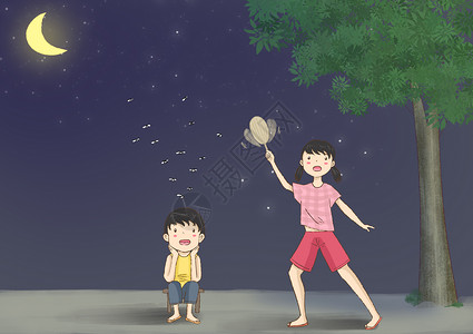 可爱孩子和月亮夏天打蚊子插画
