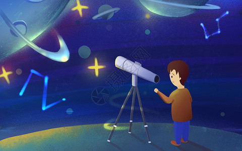 天文望远镜男孩宇宙观测插画