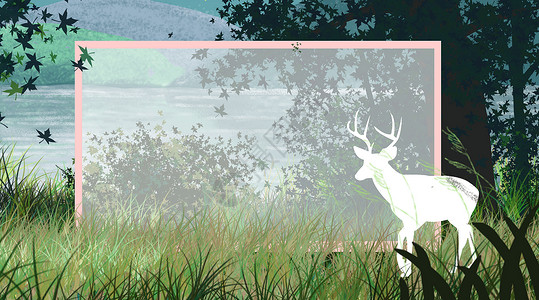 湖边的鹿森林之鹿背景插画