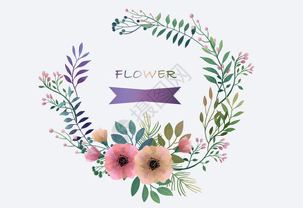 鲜花标签组合唯美清新手绘植物花环插画
