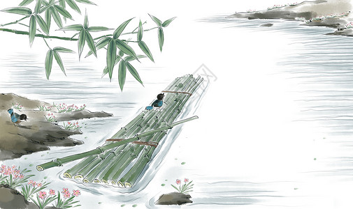 湄公河的上游竹筏水上游插画