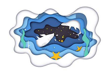 海蓝之谜海鲸剪纸插画插画