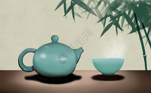 手绘茶杯茶与竹插画
