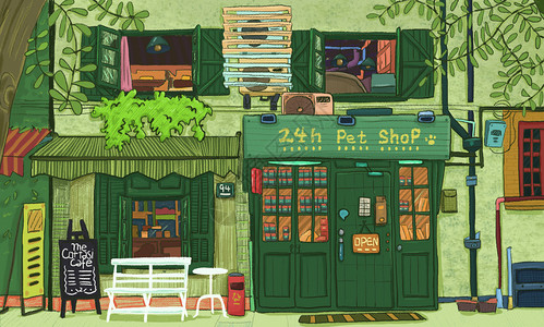 温馨咖啡店温馨宠物咖啡店插画