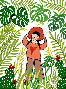 西双版纳热带植物园春游少女插画