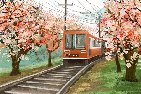 春天的列车来场说走就走的旅行插画