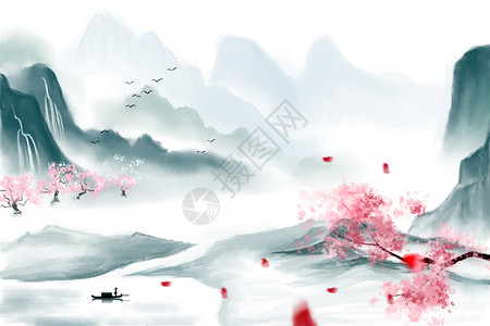 老渔翁中国风山水背景插画