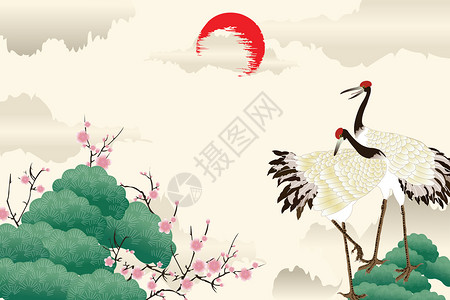 静谧古风丹顶鹤背景图片