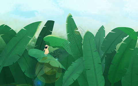芭蕉叶手绘立夏节到了绿色植物手绘背景插画