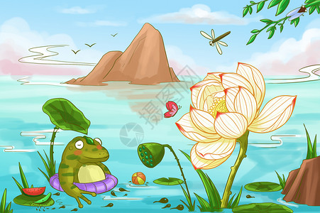 青蛙吃西瓜立夏池塘插画