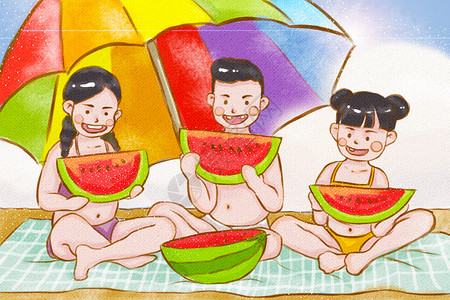 夏日海滩吃西瓜清凉夏日插画