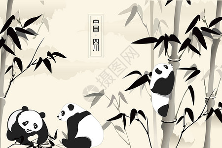 中国熊猫竹叶熊猫意境插画