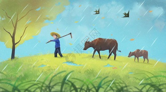 农民耕牛犁地谷雨插画