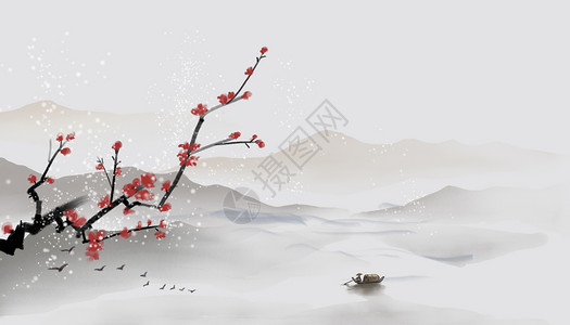 水墨画渔翁与船中国风水墨背景插画