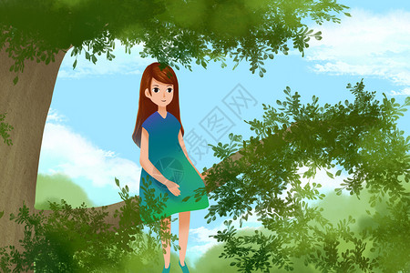 树荫下乘凉坐在树枝上的女孩插画