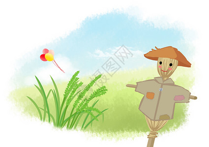 稻子手绘夏日的稻子和稻草人插画