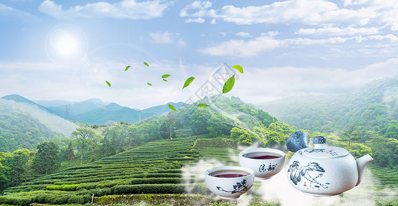 绿色茶树枝绿色清新春茶背景设计图片
