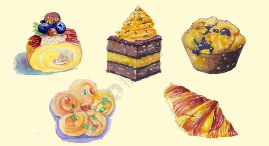 糕点零食手绘水彩蛋糕甜品插画