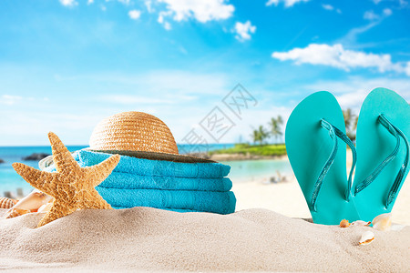 大海元素夏季拖鞋和帽子设计图片