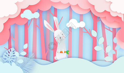折纸风格兔子剪纸小兔子插画