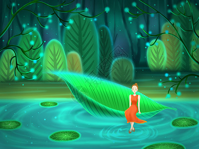 女孩叶子船神秘森林里的少女插画