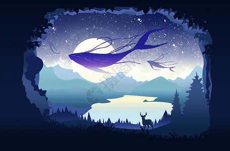 树叶光影森林中的鲸鱼插画