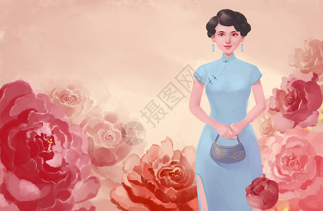 牡丹连衣裙中国印象旗袍美女插画