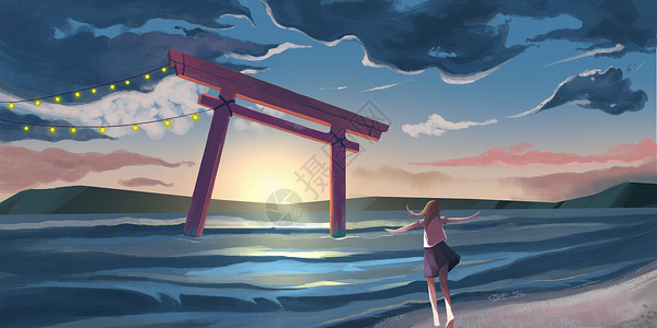 海边夕阳风光海边的少女插画
