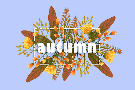 蓝色鲜花边框秋日字母边框花卉植被背景插画