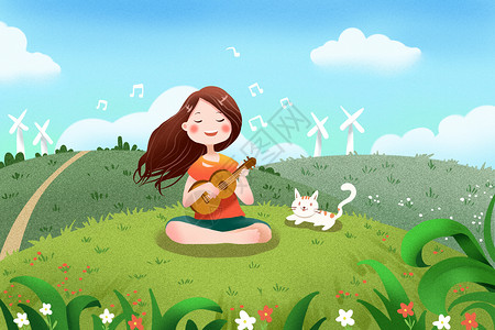 小清新音乐女孩坐草地上唱歌插画