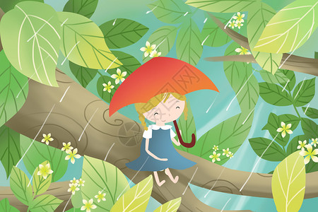 树上躲雨的小女孩背景图片