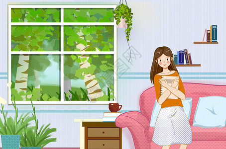 室内阳台背景读书女孩-学习插画