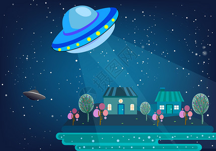 天空中房子太空星空UFO插画