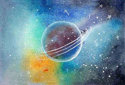 彩色星河水彩星空星球插画