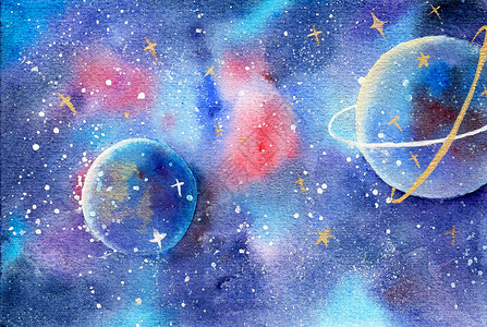 彩色手绘气泡水彩星空星球插画