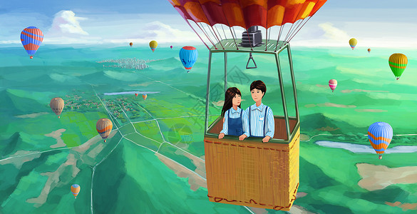 浪漫小镇热气球上的爱情插画