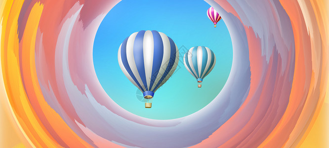 手绘夕阳彩云热气球天空设计图片