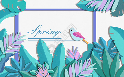 蓝紫色调剪纸风春天植物背景素材插画