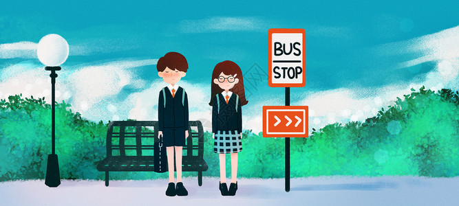 上学路上学生等公车的学生插画