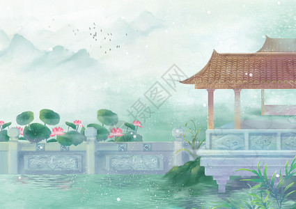 水彩背景水边凉亭插画