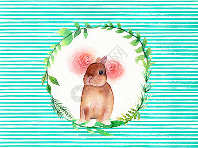 粉色手绘小兔子水彩手绘花环兔子插画