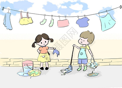 小孩洗衣服劳动节插画