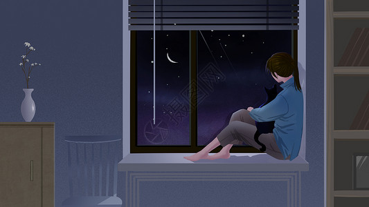 夜晚窗户窗台上的女孩插画