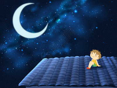 坐在屋顶孩子仰望星空插画